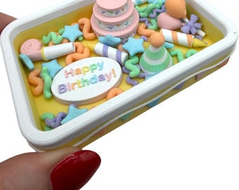 Mini 3D Printed Happy Birthday Fidget Dish with Fillers- Cake, Blower, Party Hat, Balloons, Plaque, Stars, Confetti 2 Color Options