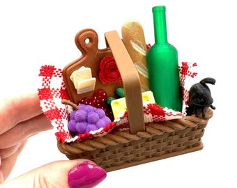 Mini 3D Printed Picnic Basket w/ Blanket, Bottle, Cheese, Grapes, Charcuterie Board, Bread, Ant Miniature Spring Summer Miniverse