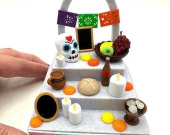 Mini 3D Printed Halloween Day of the Dead Dia de los Muertos Set, Miniature, Mexico, Hispanic, Sugar Skull, Calaveras Pan Copal Papel Picado
