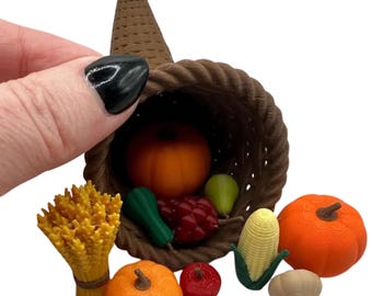 Mini 3D Printed Thanksgiving Cornucopia Horn of Plenty with Fillers- pumpkins, gourds, fruit, fall decor