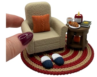Mini 3D Printed Cozy Fall Corner- rug, candle, mug, slippers, croissant, pumpkin, chair, table, book- autumn, decor