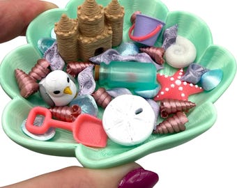 Mini 3D Printed Seashell Fidget Dish with Fillers- sand castle, starfish, message bottle, seashells, sand dollar, seagull, beach