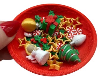 Mini 3D Printed Christmas Mini Fidget Dish with Fillers- holly, peppermint, stars, ornament, gift, tree, lightbulb, angel decor