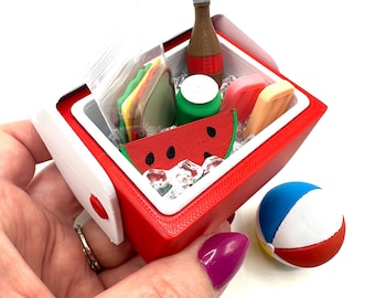 Mini 3D Printed Cooler 6 Color Options w/ Ice, Popsicles, Sandwich, Sodas, Drinks, Watermelon, Beach Ball- Miniature Spring Summer Miniverse