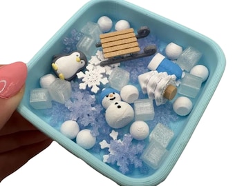 Mini 3D Printed Winter Mini Fidget Dish with Fillers- snowman, penguin, sled, mitten, tree, snowballs, snowflakes, ice cubes decor