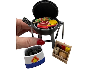 Mini 3D Printed BBQ Charcoal Grill w/ food, utensils, caddy, accessories, Father's Day, Grilling, Miniature