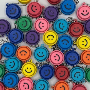 Bulk Favor Handout Fidget Clicker Pack of 10- Mini Smiley Faces Keychain- Portable Sensory Toy, Classroom, Goodie Bag