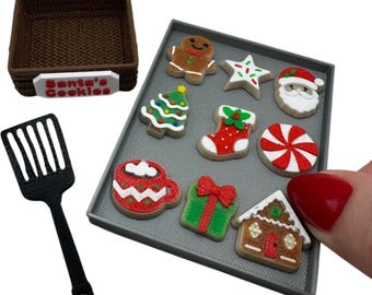 Mini 3D Printed Christmas Cookie Set- sheet, basket, gingerbread, peppermint, star, santa, gift, tree, stocking, hot cocoa, decor
