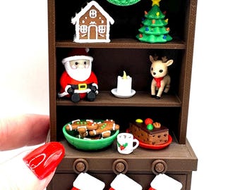 Mini 3D Printed Christmas Hutch with Santa, Stockings, Wreath, Tree, Candle, Reindeer, Gingerbread, Cocoa, Fruitcake, decor, desk, holidays