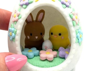 Mini 3D Print Panoramic Sugar Easter Egg Miniature Spring, bunny, chick, eggs, flowers, diorama
