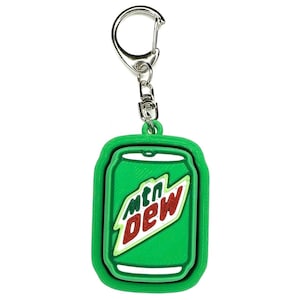 May include: Green Mountain Dew can keychain with a silver key ring. The can has a white outline and the words "Mountain Dew" in red and green.