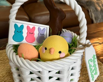 3D Printed Easter Basket w/ Chocolate Bunny, Plush-look Chick, Peeps, Eggs, Grass, Tag- Gift, Home Decor, Display