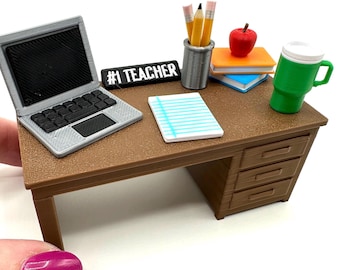 Mini 3D Printed Teacher Desk Set: Books, Apple, Pencil Cup, Paper, Laptop, Mug, #1 Teacher Sign- Gift, Back to School, Appreciation