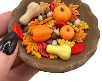 Mini 3D Printed Autumn Mini Harvest Bounty Fidget Dish with Fillers- leaves, pumpkins, gourds, acorns, fall decor, Halloween, Thanksgiving