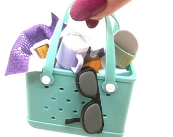 Mini 3D Printed Bogg Beach Bag 10 Color Options w/ towel, sunscreen, sandals, sunglasses, book, Stanley mug, Lunchables Miniverse Summer