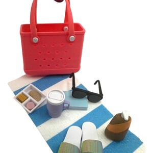 Mini 3D Printed Bogg Beach Bag 10 Color Options w/ towel, sunscreen, sandals, sunglasses, book, Stanley mug, Lunchables Miniverse Summer image 2