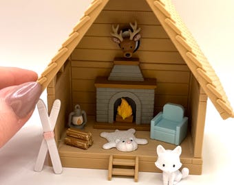 Mini 3D Printed Winter Mini Ski Chalet Lodge w/ fireplace, bear rug, chair, skiis, lantern, mounted deer, arctic fox