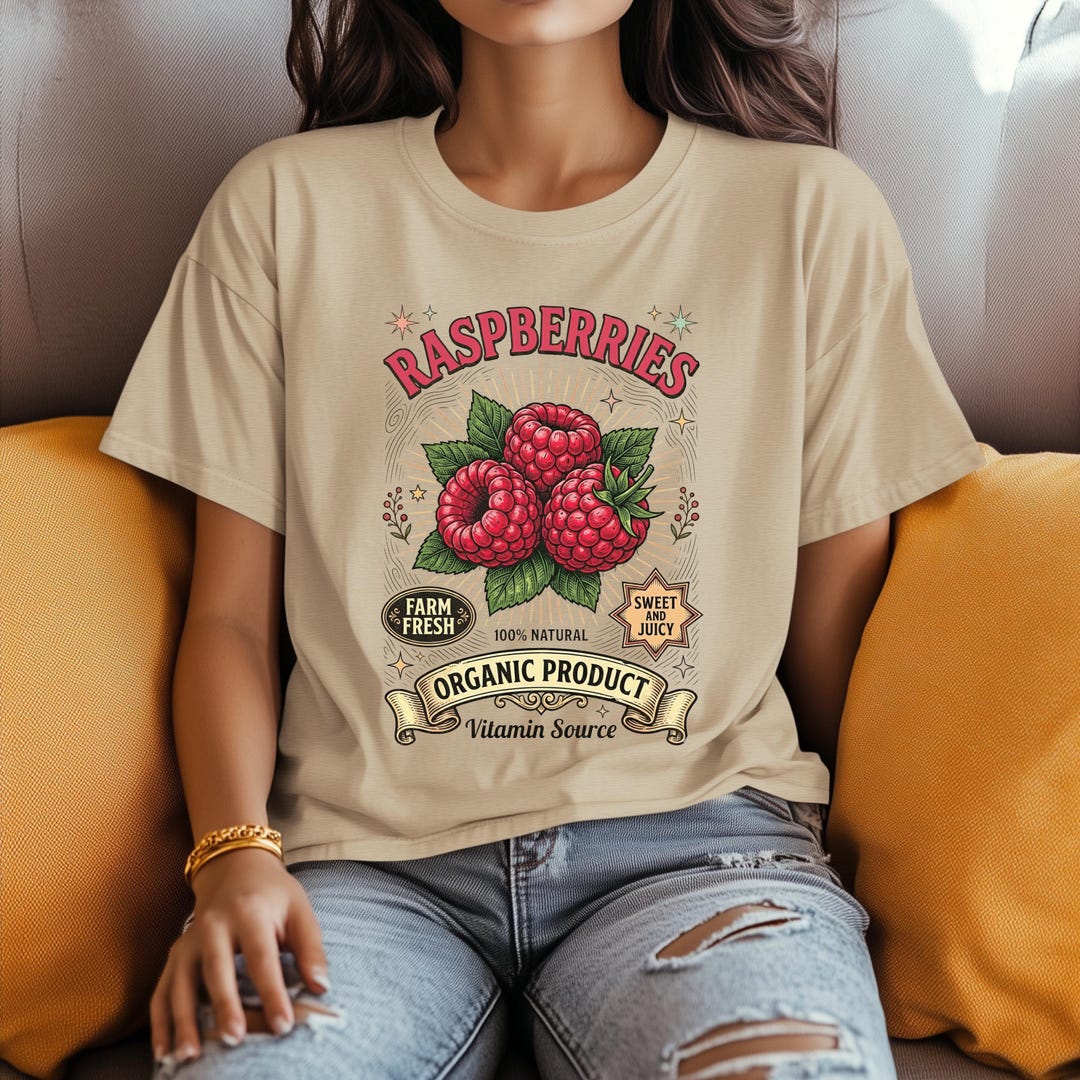 Raspberries Vintage Fruit Label T-shirt, Organic Fruit Tee, Raspberries ...