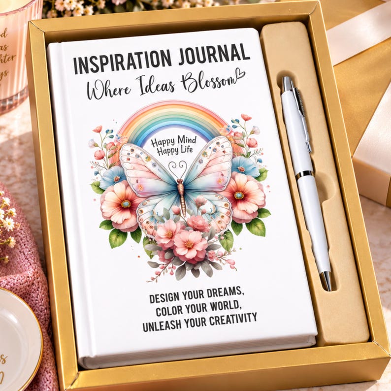 May include: A white journal with the text INSPIRATION JOURNAL Where Ideas Blossom, a butterfly, flowers, a rainbow, and the text Happy Mind Happy Life, DESIGN YOUR DREAMS, COLOR YOUR WORLD, UNLEASH YOUR CREATIVITY, paired with a white pen in a gold box.