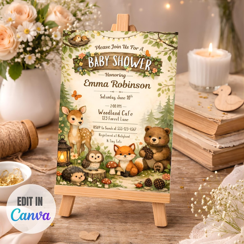 May include: A baby shower invitation on a small wooden easel. The invitation features woodland animals, including a deer, fox, bear, and owl. The text reads "Baby Shower" and honors Emma Robinson. The invitation is decorated with floral and forest elements.