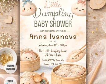 Little Dumpling Baby Shower Invitation, Dumpling Theme Baby Shower Invite, Cute Dumpling Baby Shower, Editable Template
