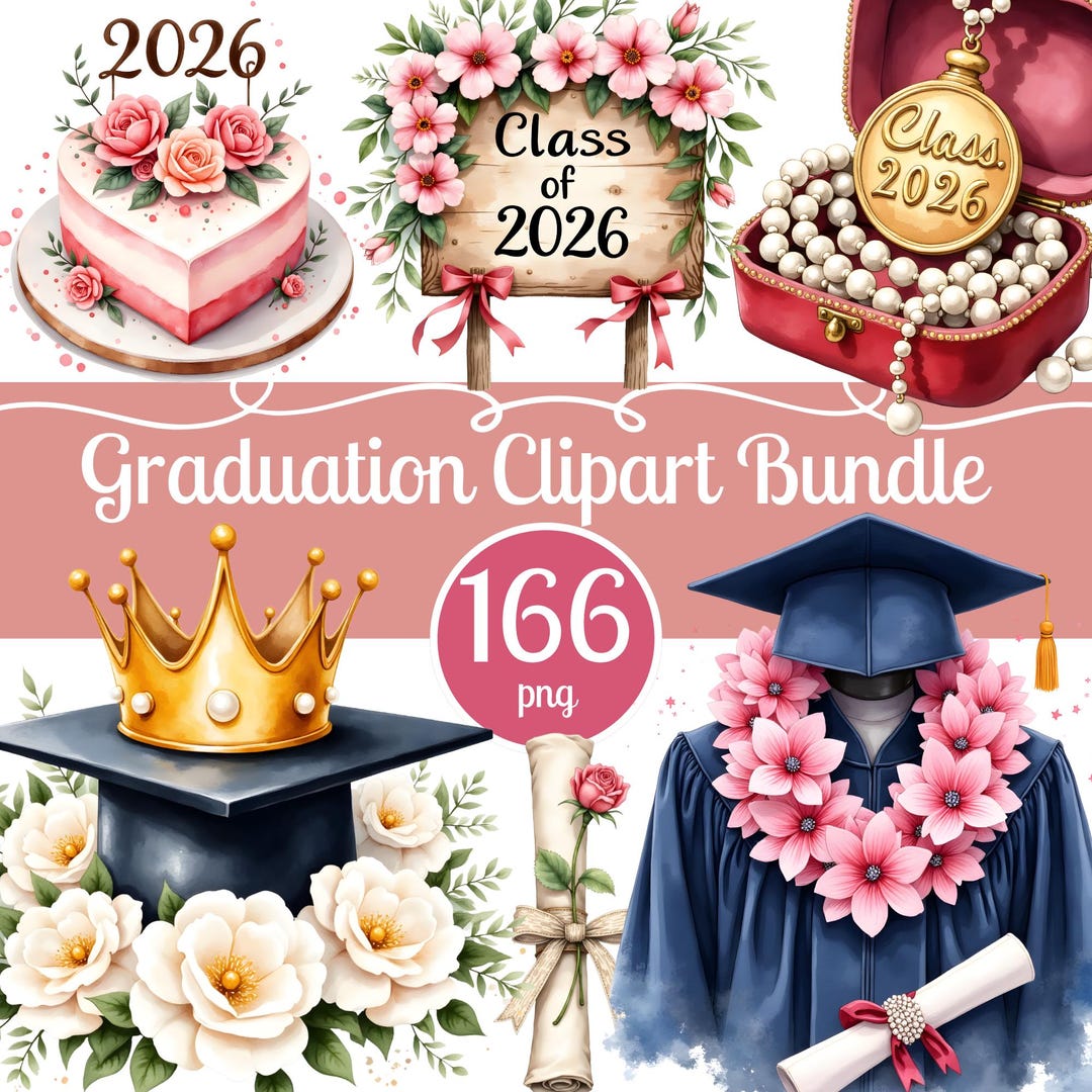 Graduation Clipart Bundle 2026 PNG Floral Grad Cap Graphics Class of ...