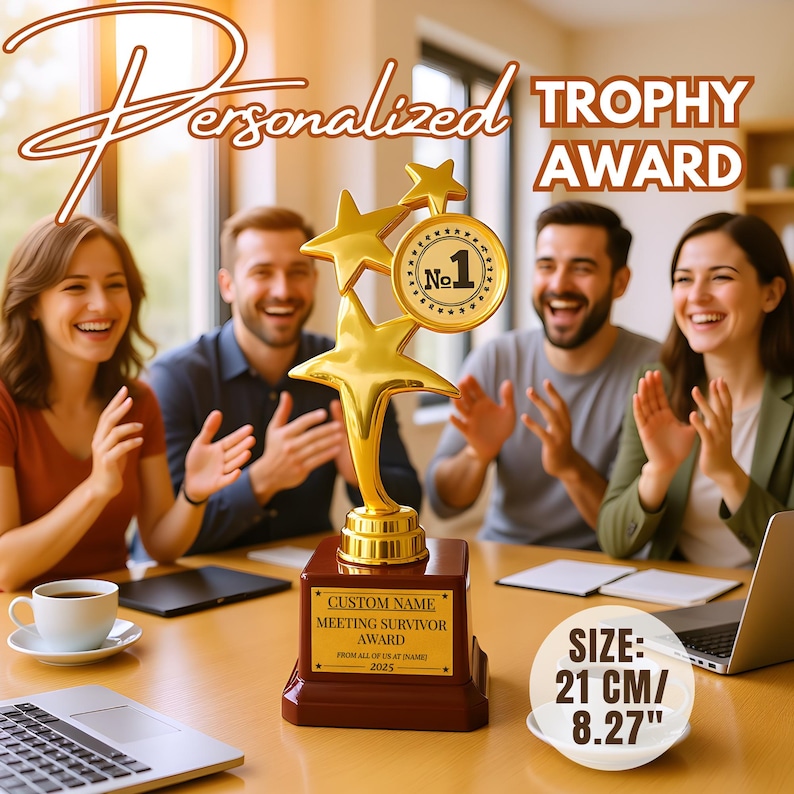 May include: A gold-colored trophy with star accents and a round emblem reading "No. 1". The trophy sits on a brown base with text that reads "CUSTOM NAME MEETING SURVIVOR AWARD". The trophy is 8.27 inches tall. People are clapping in the background.