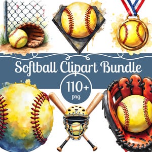 May include: A digital collection of softball-themed illustrations featuring yellow softballs with red stitching, brown leather gloves, wooden bats, a catcher's mask, and a gold medal. The text reads Softball Clipart Bundle 110+ png.