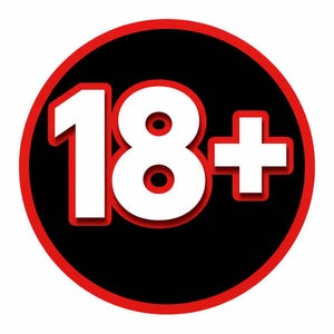 May include: A graphic indicating an age restriction, featuring the number 18 and a plus sign. The design has white text with a red outline on a black circle, with a red border.