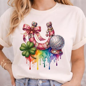 Lucky Horseshoe PNG, Coquette Western Clipart, St Patrick Rainbow Drip, Disco Ball Horseshoe, Clover Western PNG Cute Lucky Charm Design