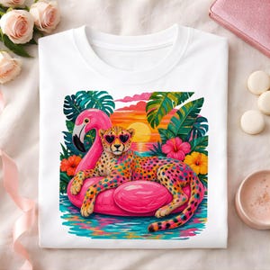 Adretter Tropischer Leopard Png Clipart Shirt Design Flamingo Pool Float Tee Bunt Gepard Grafik Shirt Sommer Urlaub Strand Grafik Tee