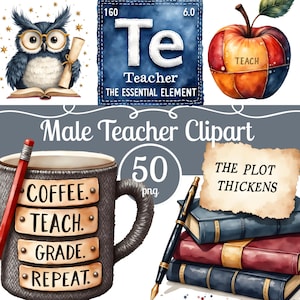 Männlicher Lehrer Clipart Bundle PNG für Männlichen Lehrer Geschenk Schule Illustration Set Klassenzimmer Grafiken Zurück zu Schule Eule Apple Lehrer Tankstellen