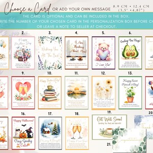 May include: A collection of 21 rectangular greeting cards featuring various illustrations and text for occasions like birthdays, holidays, and celebrations. Each card measures 3.5 inches by 4.87 inches. The cards are arranged in a grid layout.
