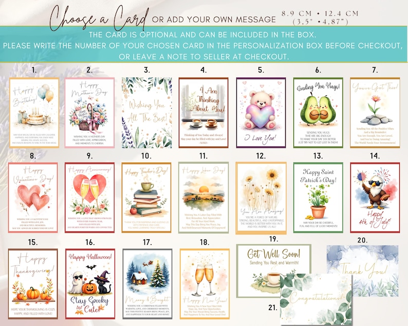 May include: A collection of 21 rectangular greeting cards featuring various illustrations and text for occasions like birthdays, holidays, and celebrations. Each card measures 3.5 inches by 4.87 inches. The cards are arranged in a grid layout.