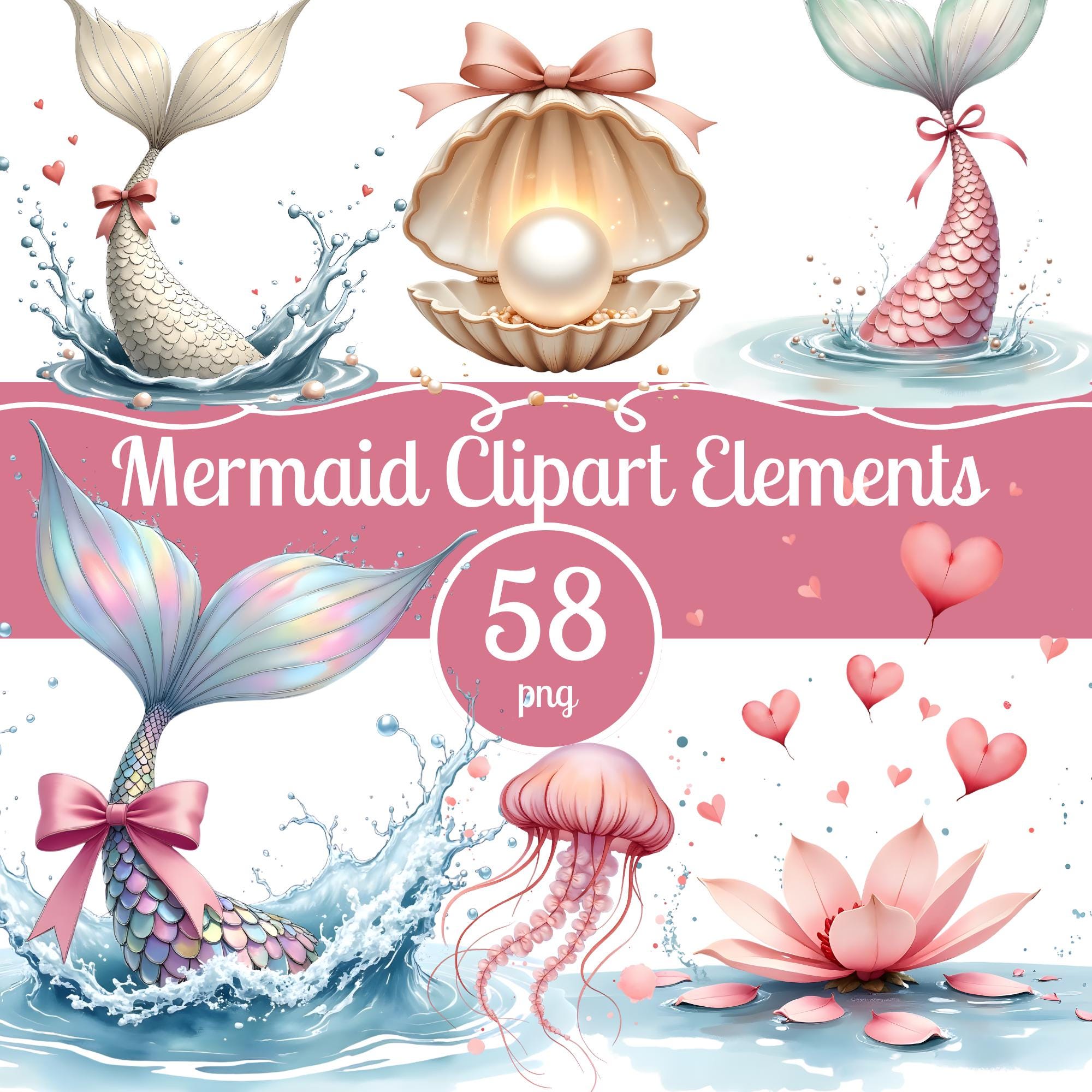 Mermaid Clipart Bundle PNG, 58 Watercolor Mermaid Elements, Ocean ...