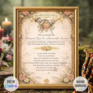 Puede incluir: Certificado de handfasting enmarcado con borde dorado. El certificado presenta detalles florales, el texto "Handfasting Certificate" y los nombres "Eleanor Rose & Alexander James". Las palabras "Edit in Canva" e "Instant Download" también son visibles.