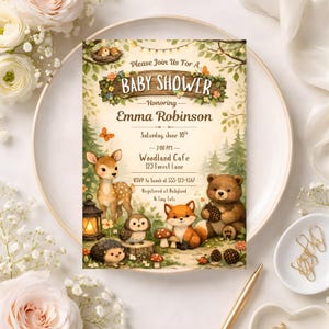 May include: A baby shower invitation with a woodland theme. The invitation features a deer, bear, fox, owl, and hedgehog. The text reads "Please Join Us For A BABY SHOWER Honoring Emma Robinson Saturday, June 10th 2:00 PM Woodland Cafe 123 Forest Lane".