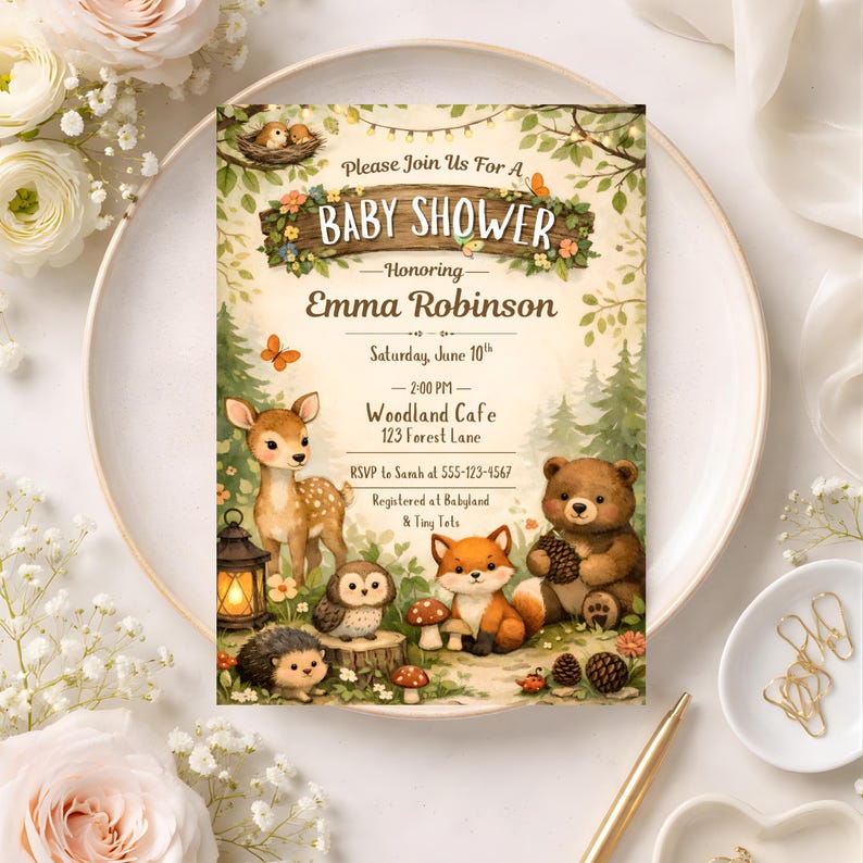 May include: A baby shower invitation with a woodland theme. The invitation features a deer, bear, fox, owl, and hedgehog. The text reads "Please Join Us For A BABY SHOWER Honoring Emma Robinson Saturday, June 10th 2:00 PM Woodland Cafe 123 Forest Lane".