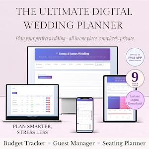 Può includere: Pianificatore di matrimoni digitale visualizzato su laptop, tablet, smartphone e monitor desktop. Il testo recita "THE ULTIMATE DIGITAL WEDDING PLANNER" e "Pianifica il tuo matrimonio perfetto - tutto in un unico posto, completamente privato."