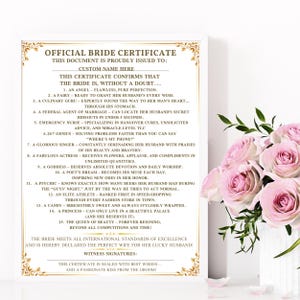 Zabawny szablon certyfikatu BRIDE do natychmiastowego pobrania Wydrukuj prezenty dla panny młodej od pana młodego Prezent na wieczór panieński dla niej Edytowalny Canva do pobrania