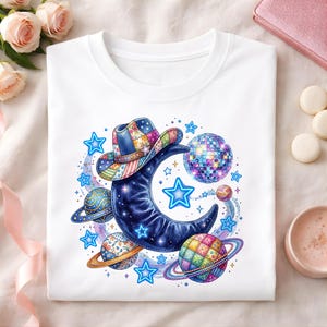 Cosmic Cowgirl Space PNG, Western Space Moon Clipart, Patchwork Cowboy Hat Galaxy Design Retro Disco Space Cowgirl Shirt PNG Cowgirl Clipart