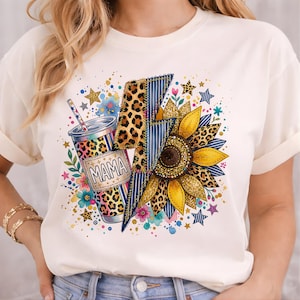 Mama Lightning Bolt PNG Trendy Zonnebloem Luipaard Mom Tumbler Design Retro Western Mama Clipart Kleurrijke Patchwork Mom Life Shirt Design PNG