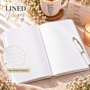 May include: An open notebook with white paper featuring horizontal black lines. The notebook contains 96 lined pages. A white pen with silver accents rests on the right page. The text "LINED Pages" and "96 LINED PAGES" appear in the image.