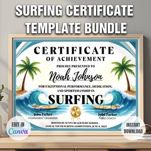 Könnte beinhalten: Ein gerahmtes Zertifikat-Vorlagenpaket mit Surf-Motiv. Das Zertifikat zeigt ein blau-weißes Design mit Palmen, Wellen und Surfbrettern. Der Text enthält "Zertifikat über die Auszeichnung" und "Surfen".