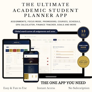 Puede incluir: Aplicación de planificación académica para estudiantes, mostrada en tableta, smartphone y portátil. Funciones: tareas, modo enfoque, calculadora de GPA. Texto: "The Ultimate Academic Student Planner App" y "The One App You Need".