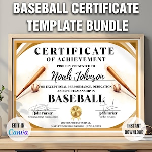 Anpassat basebollcertifikatmallpaket, redigerbart sportpriscertifikat för bästa tränare, bästa spelare, lagpresentidé, MVP och spelarpris
