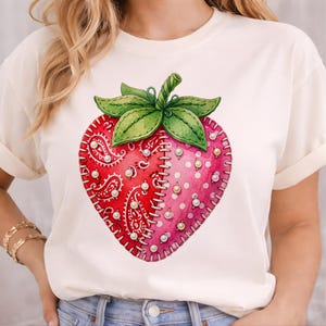 Patchwork de morango PNG Clipart fofo de morango Design de morango estilo cottagecore Fruta kawaii PNG Ilustração floral de morango Design de camiseta