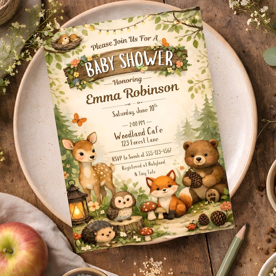 Woodland Baby Shower Invitation Template, Editable Canva Baby Shower Invite, Forest Animals Baby Shower, Printable Woodland Invite