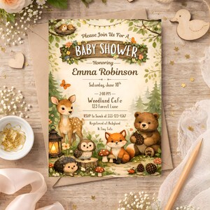 May include: A baby shower invitation with a woodland theme. The invitation features illustrations of a deer, bear, fox, owl, and hedgehog. The text reads "Please Join Us For A BABY SHOWER Honoring Emma Robinson". The date and time are also included.