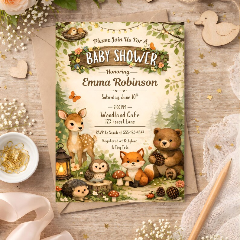 May include: A baby shower invitation with a woodland theme. The invitation features illustrations of a deer, bear, fox, owl, and hedgehog. The text reads "Please Join Us For A BABY SHOWER Honoring Emma Robinson". The date and time are also included.